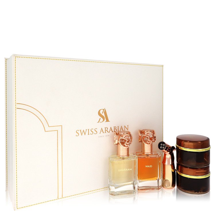 Swiss Arabian Bakhoor Dukhoon Al Haram by Swiss Arabian Gift Set -- Gift Set contains 2 x 1.7 oz Eau De Parfum in Wajd &amp; Gharaam + 2 x 60 grams of Incense in Dukhoon Al Haram &amp; Oud Muattar Mumtaz for Men